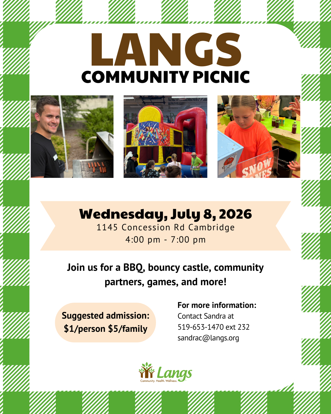 Green picnic tablecloth background on a flyer with location and time details for the Langs picnic